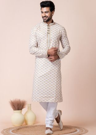 White Printed Men Kurta Pajama In Cotton
