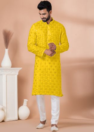Yellow Embroidered Men Georgette Kurta Pajama