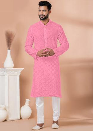 Pink Embroidered Men Kurta Pajama