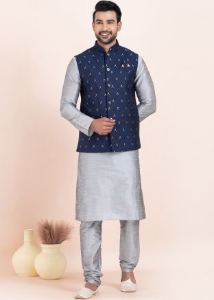 Grey Men Kurta Pajama With Woven Nehru Jacket