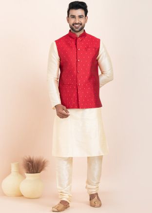 Cream Men Woven Kurta Pajama With Nehru Jacket