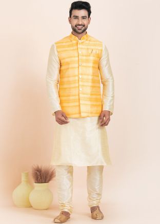 Cream Woven Kurta Pajama With Nehru Jacket