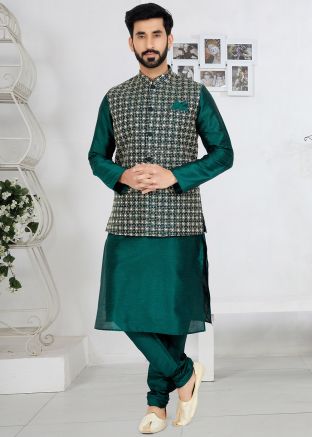 Green Embroidered Kurta Pajama With Nehru Jacket