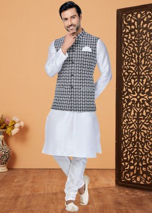 White Embroidered Men Kurta Pajama  With Nehru Jacket