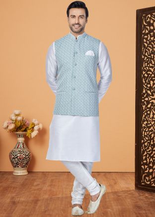 White Men Kurta Pajama With Nehru Jacket