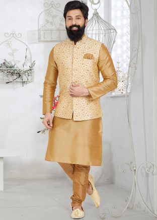 Golden Men Embroidered Kurta Pajama With Nehru Jacket