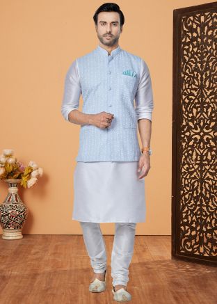White Embroidered Men Kurta Pajama  With Nehru Jacket