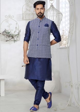 Blue Embroidered Men Kurta Pajama With Nehru Jacket