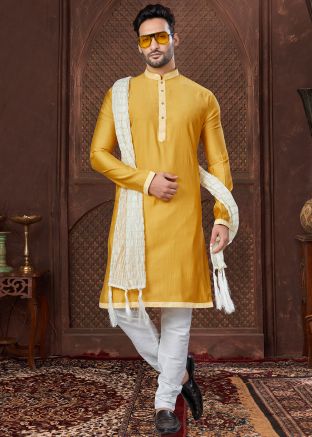Yellow Embroidered Men Kurta Pajama