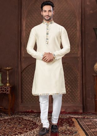 Cream Embroidered Men Kurta Pajama