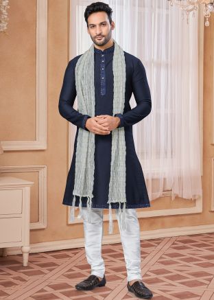 Blue Art Silk Men Kurta Pajama