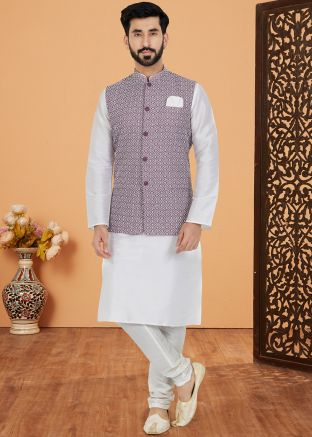 White Men Kurta Pajama With Nehru Jacket