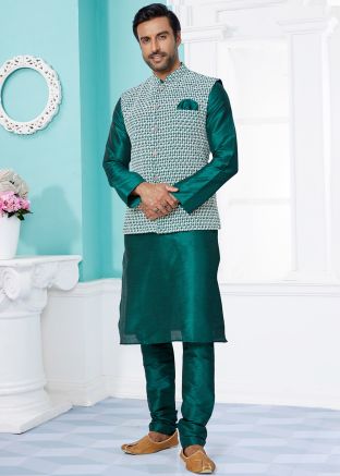 Green Embroidered Kurta Pajama With Nehru Jacket