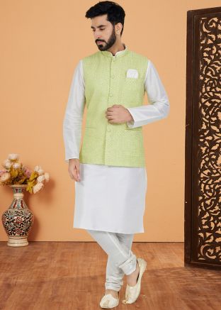 White Men Kurta Pajama With Nehru Jacket