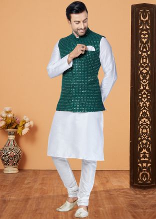 White Sequin Work Kurta Pajama With Nehru Jacket