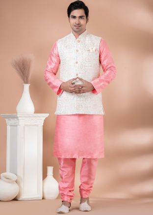 Pink Kurta Pajama With Printed Nehru Jacket