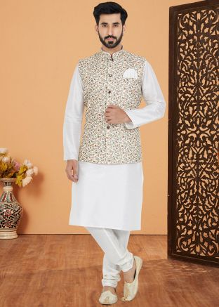 White Kurta Pajama With Printed Nehru Jacket