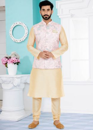 Cream Kurta Pajama With Printed Nehru Jacket