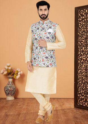 Cream Kurta Pajama With Floral Print Nehru Jacket