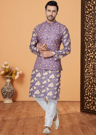 Purple Printed Kurta Pajama With Nehru Jacket