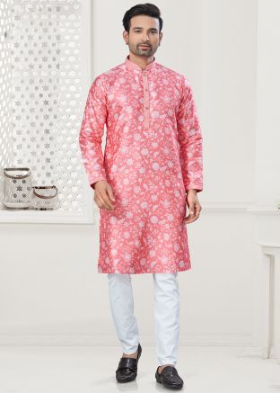 Pink Digital Floral Print Men Kurta Pajama