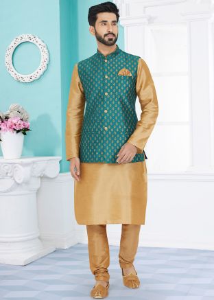 Men Brown Kurta Pajama With Teal Blue Nehru Jacket