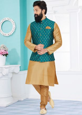 Brown Kurta Pajama With Teal Blue Nehru Jacket