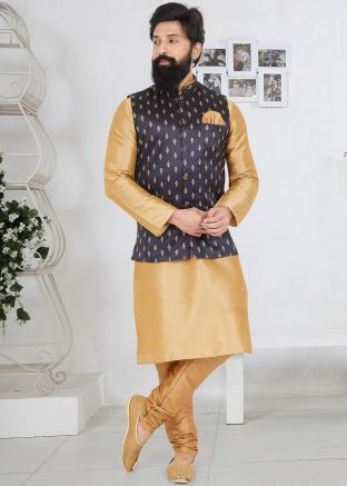 Brown Kurta Churidar With Printed Nehru Jacket