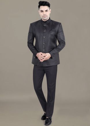 Black Woven Men Bandhgala Jodhpuri Suit