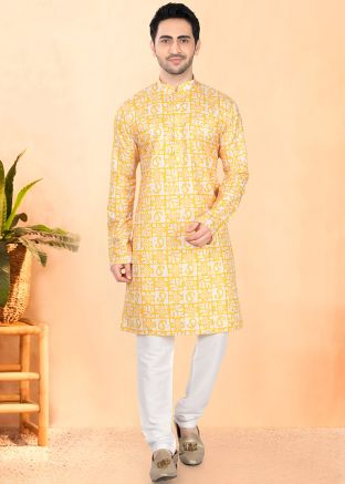 Yellow Printed Readymade Men Kurta Pajama