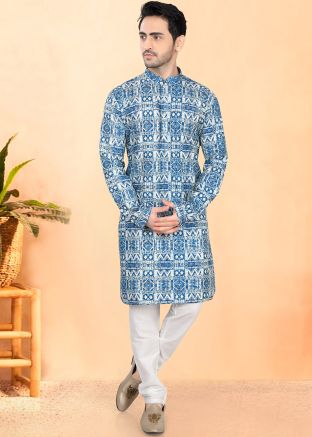 Blue Printed Kurta With Pajama In Cotton