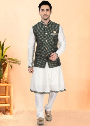 Cream Men Kurta Pajama With Nehru Jacket