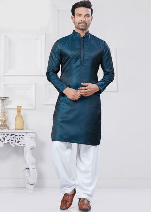 Blue Men Kurta Pajama In Woven Work