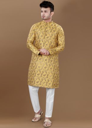 Yellow Woven Men Kurta Pajma