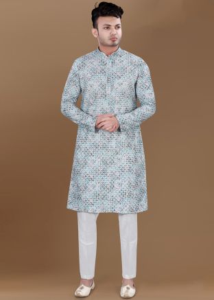 Blue Men Printed Rayon Kurta Pajama
