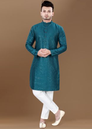 Blue Embroidered Silk Kurta Pajama