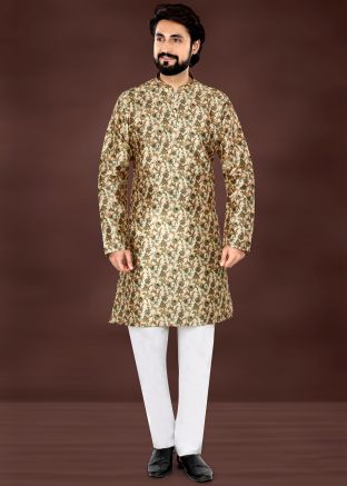 Beige Printed Kurta Pajama In Rayon