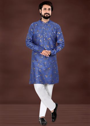 Blue Printed Men Kurta Pajama