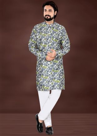 White Printed Men Kurta Pajama In Rayon