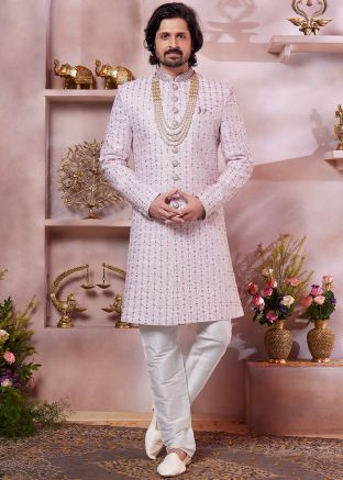 Pink Embroidered Men Sherwani Set In Art Silk