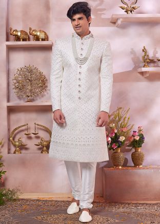 Cream Embroidered Art Silk Sherwani Set For Men