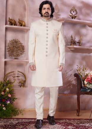 Readymade Cream Men Sherwani Set