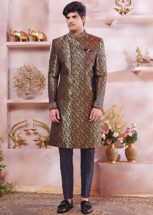 Readymade Black Men Zari Woven Sherwani Set