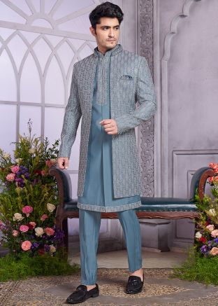 Readymade Grey Embellished Indo Western Sherwani Set