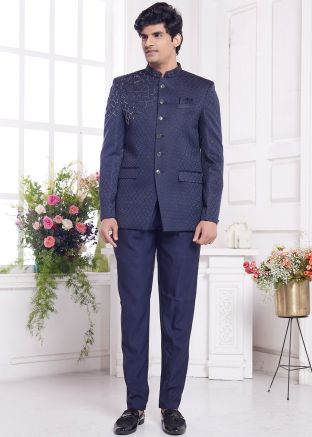 Navy Blue Woven Bandhgala Jodhpuri Jacket