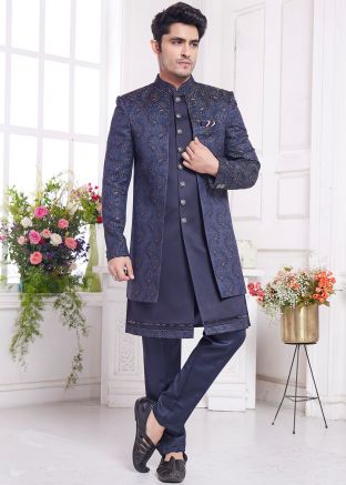 Navy Blue Woven Jacket Style Indo Western Sherwani
