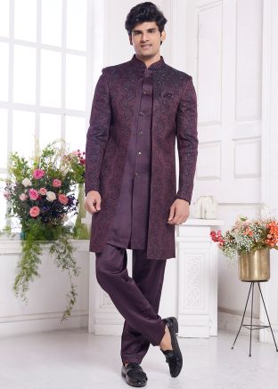 Wine Woven Jacket Style Indo Western Sherwani