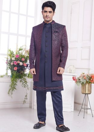 Navy Blue Woven Indo Western Sherwani