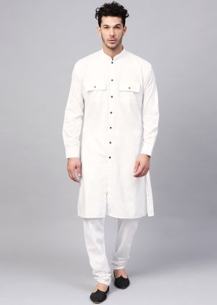 White Cotton Readymade Front Slit Kurta Churidar Set