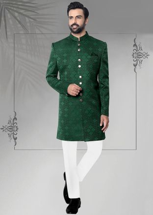 Green Woven Men Indo Western Sherwani